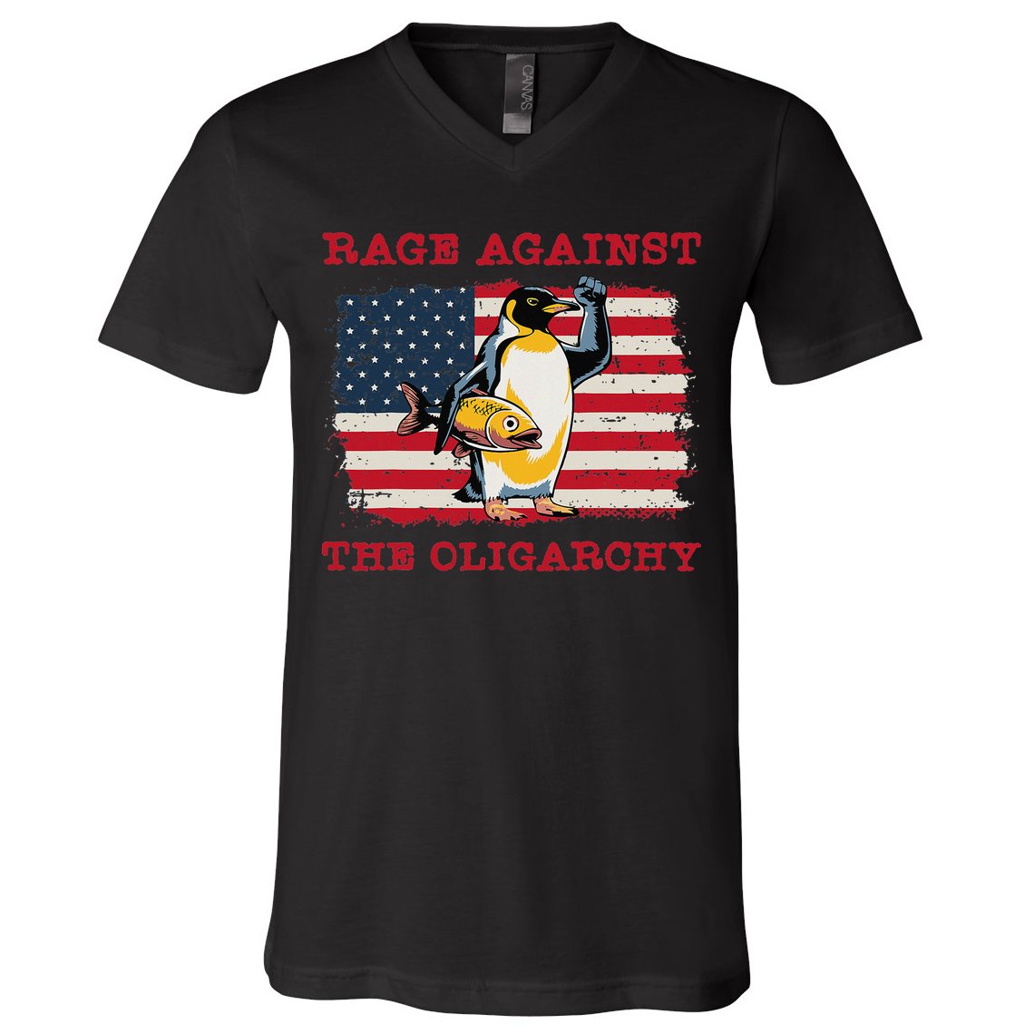 Rage Against Oligarchy Penguin Hands Off Fight Resist V-Neck T-Shirt
