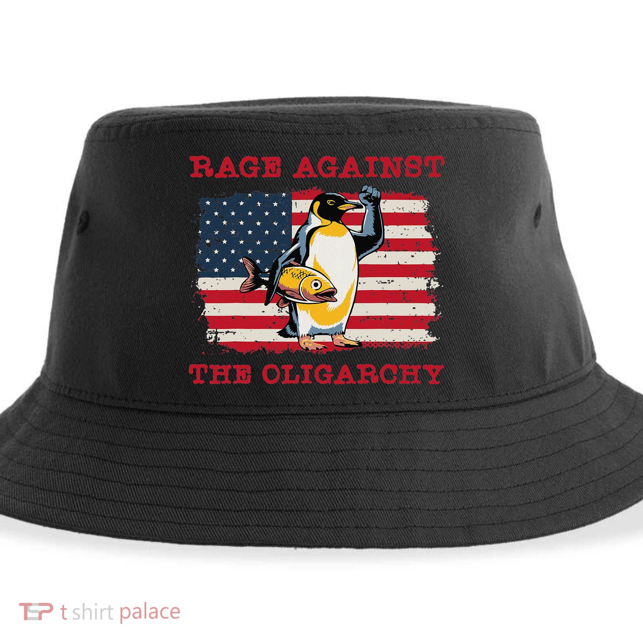 Rage Against Oligarchy Penguin Hands Off Fight Resist Sustainable Bucket Hat