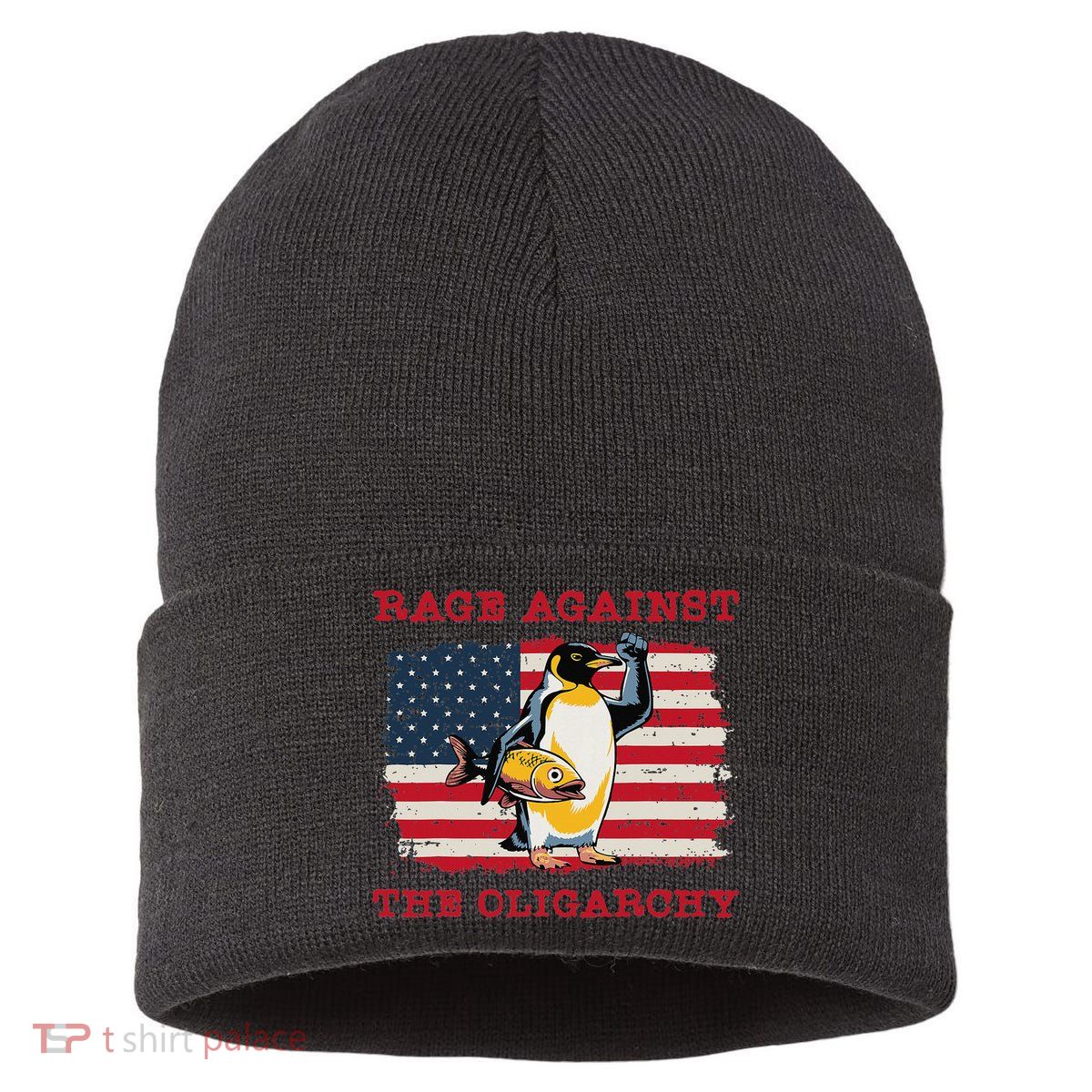 Rage Against Oligarchy Penguin Hands Off Fight Resist Sustainable Knit Beanie