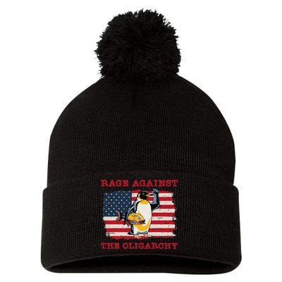 Rage Against Oligarchy Penguin Hands Off Fight Resist Pom Pom 12in Knit Beanie
