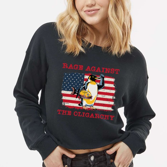 Rage Against Oligarchy Penguin Hands Off Fight Resist Cropped Pullover Crew