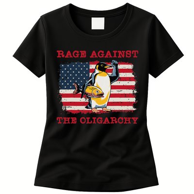 Rage Against Oligarchy Penguin Hands Off Fight Resist Womens T-Shirt