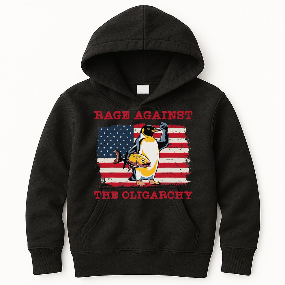 Rage Against Oligarchy Penguin Hands Off Fight Resist Kids Hoodie