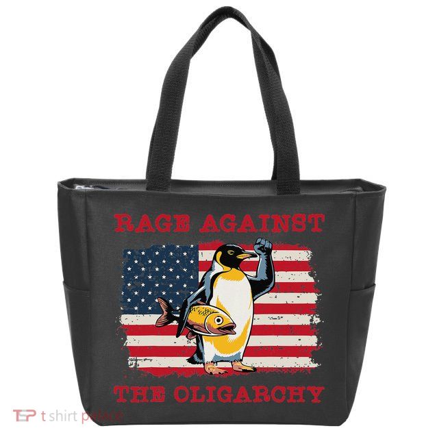 Rage Against Oligarchy Penguin Hands Off Fight Resist Zip Tote Bag