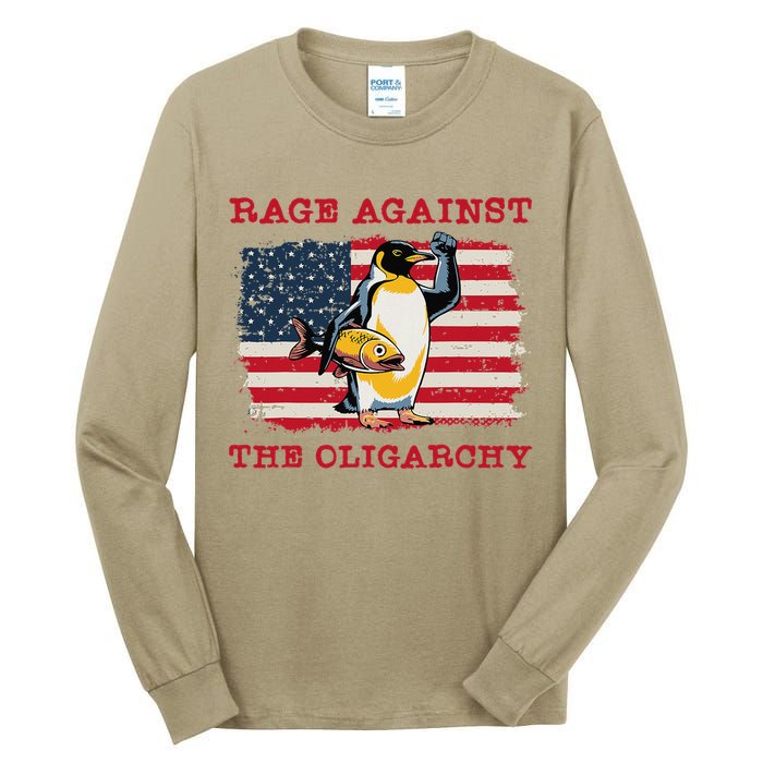 Rage Against Oligarchy Penguin Hands Off Fight Resist Tall Long Sleeve T-Shirt