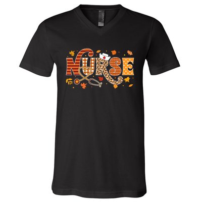 Retro Autumn Pumpkin Fall Nurse Life Thanksgiving Nurse V-Neck T-Shirt