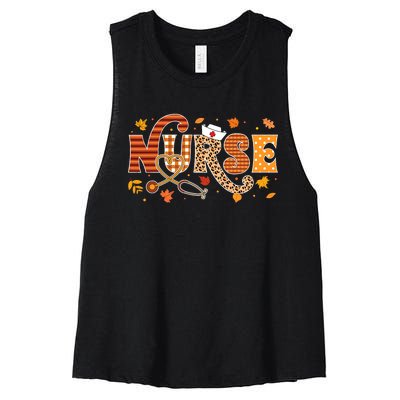 Retro Autumn Pumpkin Fall Nurse Life Thanksgiving Nurse Women's Racerback Cropped Tank