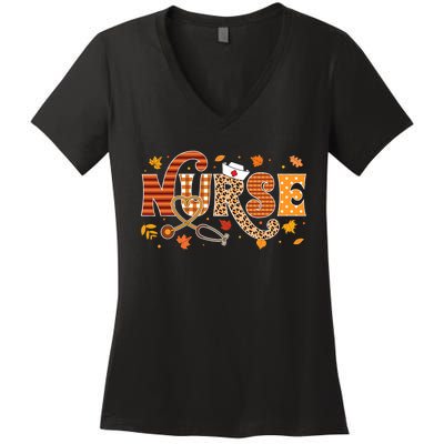 Retro Autumn Pumpkin Fall Nurse Life Thanksgiving Nurse Women's V-Neck T-Shirt