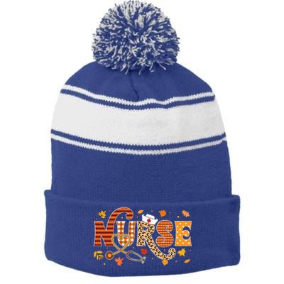 Retro Autumn Pumpkin Fall Nurse Life Thanksgiving Nurse Stripe Pom Pom Beanie