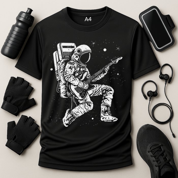 retro Astronaut playing electric guitar in space Cooling Performance Crew T-Shirt