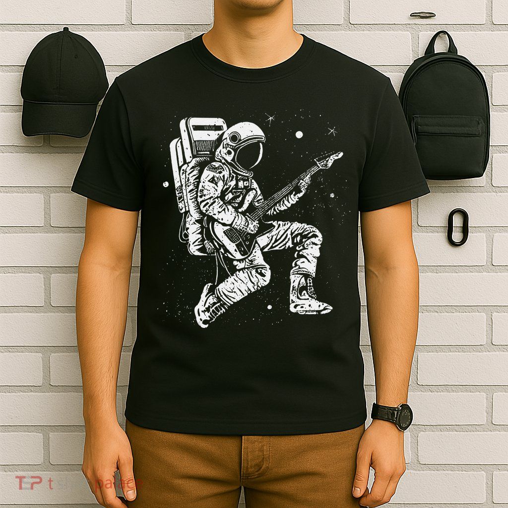 retro Astronaut playing electric guitar in space T-Shirt