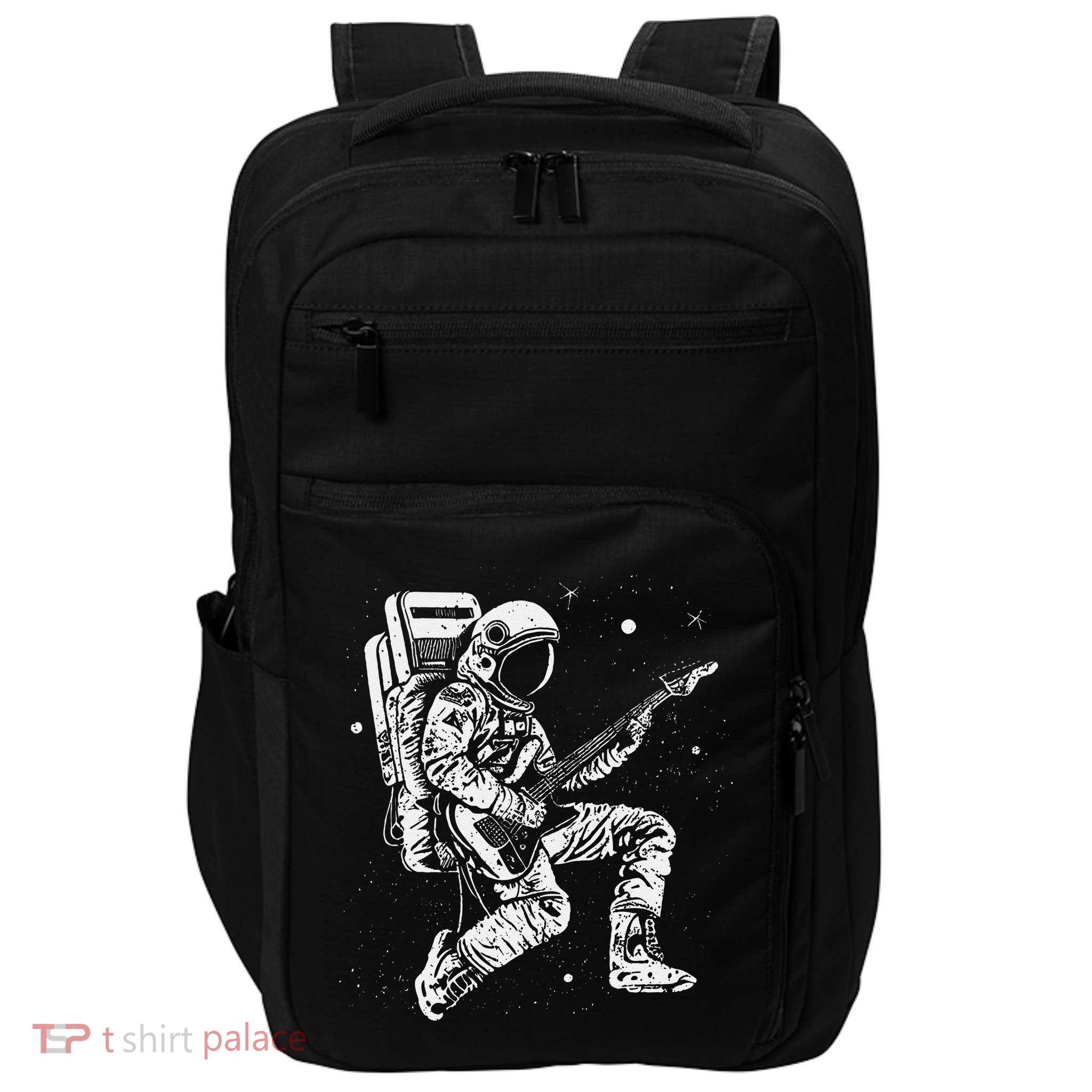 retro Astronaut playing electric guitar in space Impact Tech Backpack