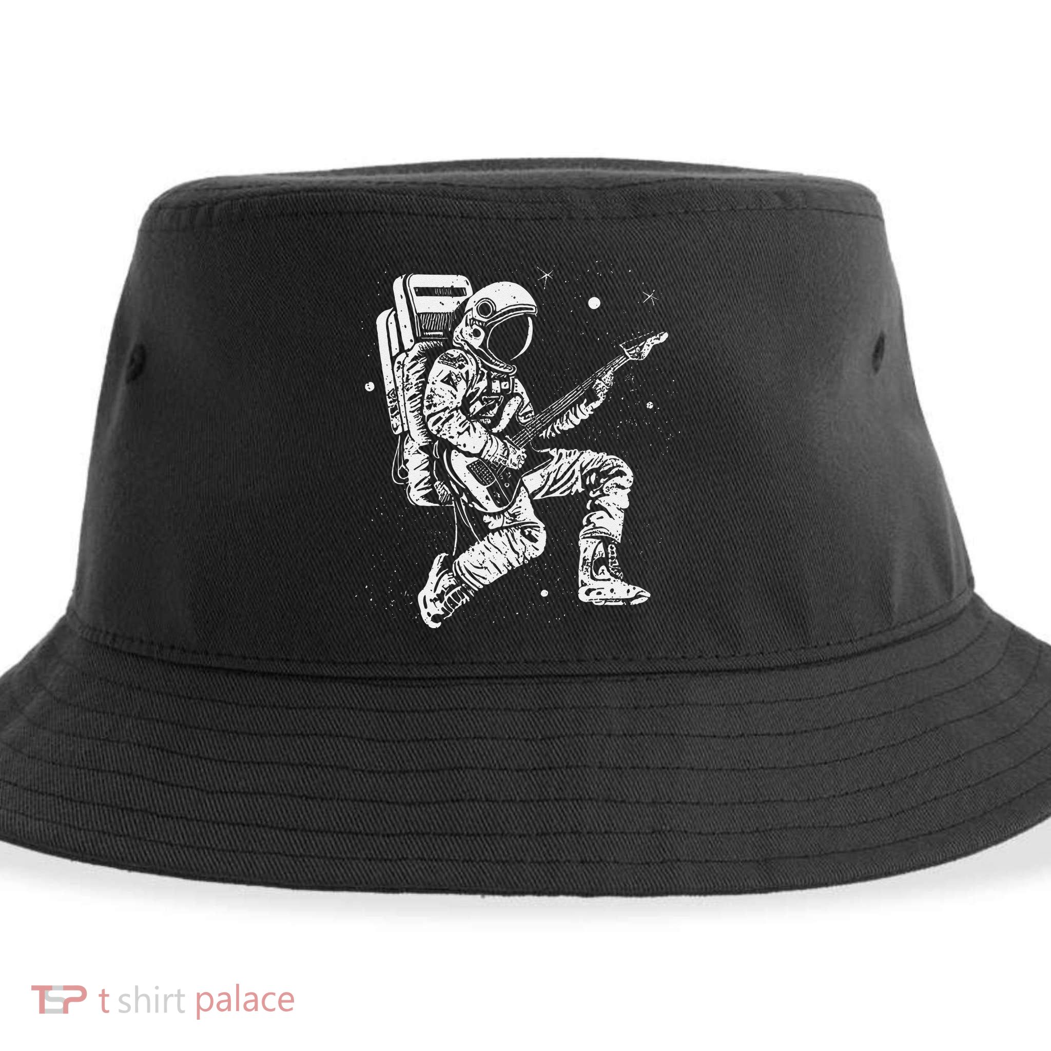 retro Astronaut playing electric guitar in space Sustainable Bucket Hat