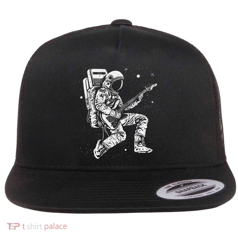 retro Astronaut playing electric guitar in space Flatbill Hat