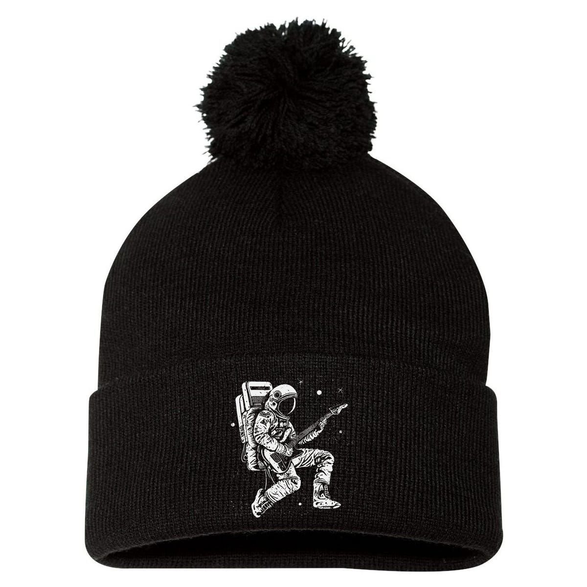 retro Astronaut playing electric guitar in space Pom Pom 12in Knit Beanie