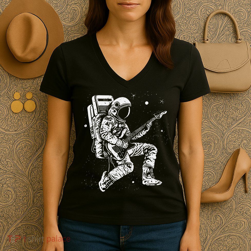 retro Astronaut playing electric guitar in space Women's V-Neck T-Shirt