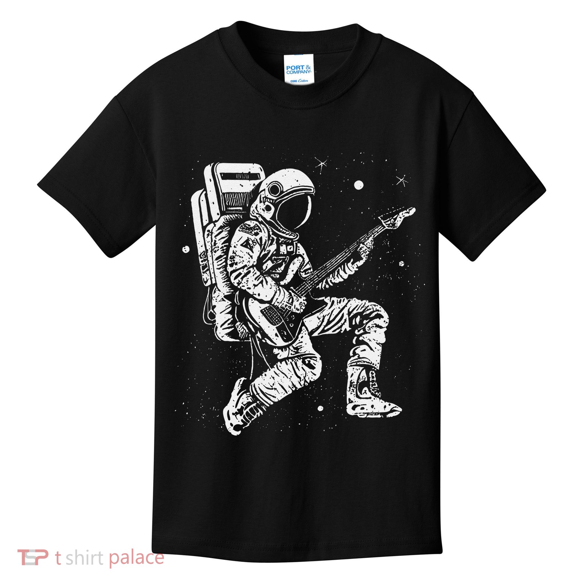 retro Astronaut playing electric guitar in space Kids T-Shirt