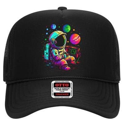 Retro Arcade Planets Universe Gaming Astronaut High Crown Mesh Back Trucker Hat