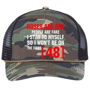 Roses Are Red People Are Fake I Stay To Myself First 48 Retro Rope Trucker Hat Cap