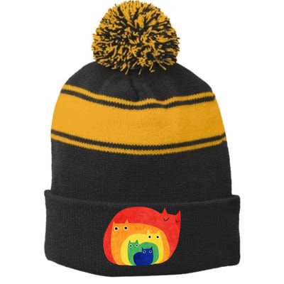 Rainbow Art Retro Cats Stripe Pom Pom Beanie