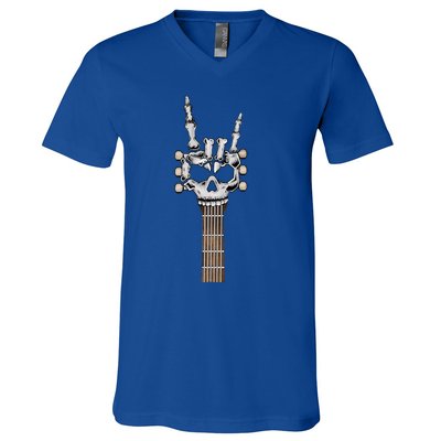 Rock And Roll Skeleton Hand Rock On Guitar Neck Gift V-Neck T-Shirt