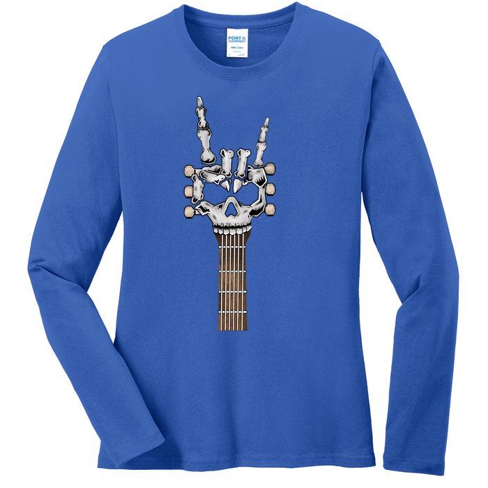 Rock And Roll Skeleton Hand Rock On Guitar Neck Gift Ladies Long Sleeve Shirt