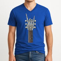 Rock And Roll Guitar Skeleton Hand V-Neck T-Shirt