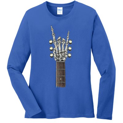 Rock And Roll Guitar Skeleton Hand Ladies Long Sleeve Shirt