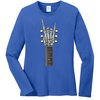 Rock And Roll Guitar Skeleton Hand Ladies Long Sleeve Shirt