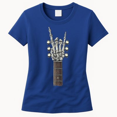 Rock And Roll Guitar Skeleton Hand Womens T-Shirt