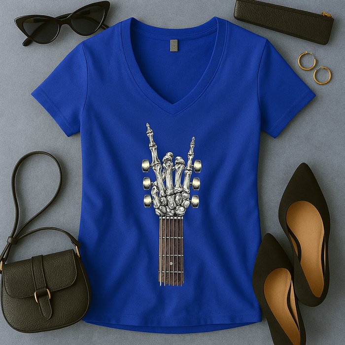 Rock And Roll Guitar Skeleton Hand Women's V-Neck T-Shirt