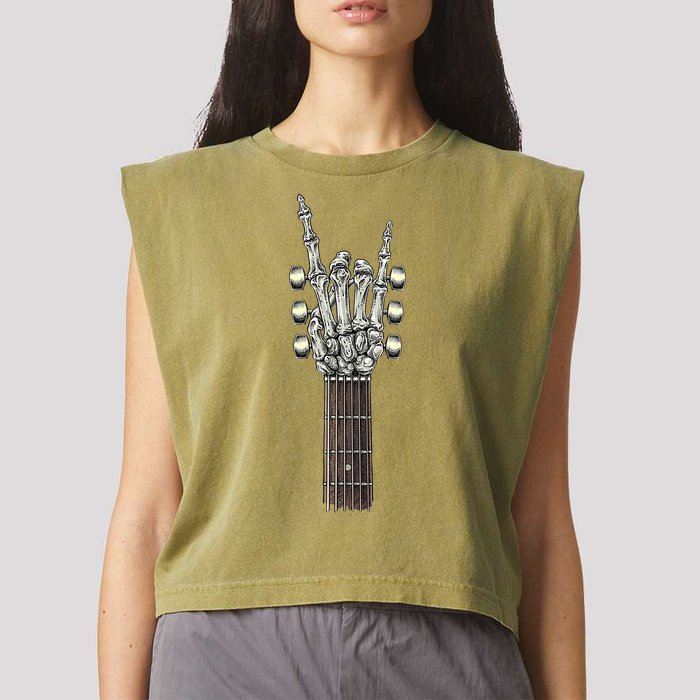 Rock And Roll Guitar Skeleton Hand Garment-Dyed Women's Muscle Tee