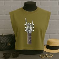 Rock And Roll Guitar Skeleton Hand Garment-Dyed Women's Muscle Tee