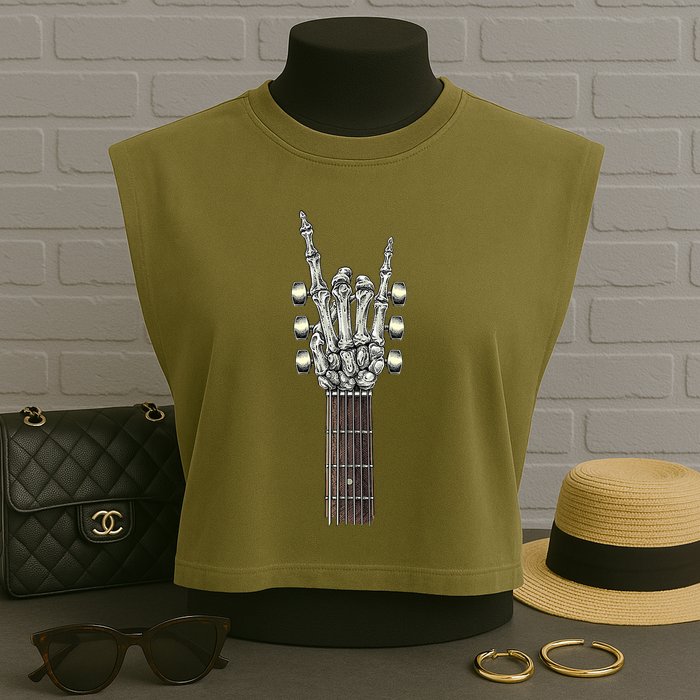 Rock And Roll Guitar Skeleton Hand Garment-Dyed Women's Muscle Tee
