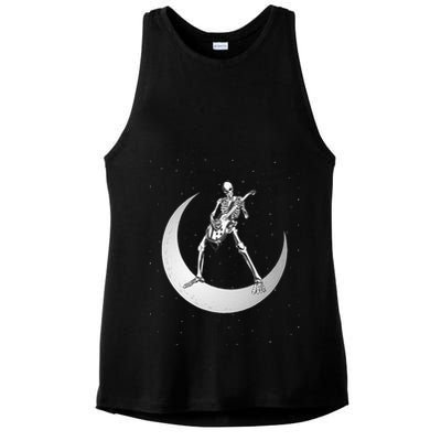 Rock And Roll Skeleton Playing Guitar Rock On Moon Halloween Ladies PosiCharge Tri-Blend Wicking Tank