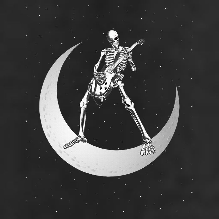 Rock And Roll Skeleton Playing Guitar Rock On Moon Halloween 7 Panel Mesh Trucker Snapback Hat