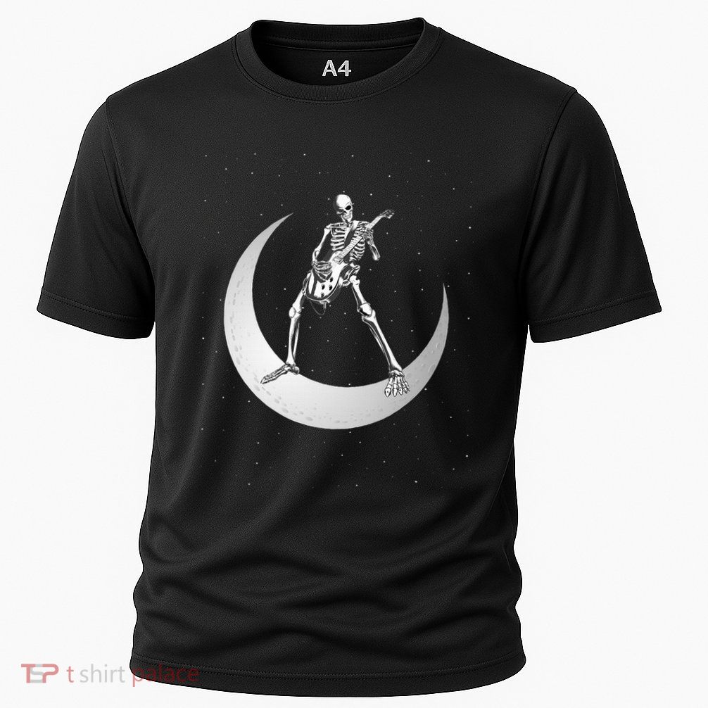 Rock And Roll Skeleton Playing Guitar Rock On Moon Halloween Performance Shirt