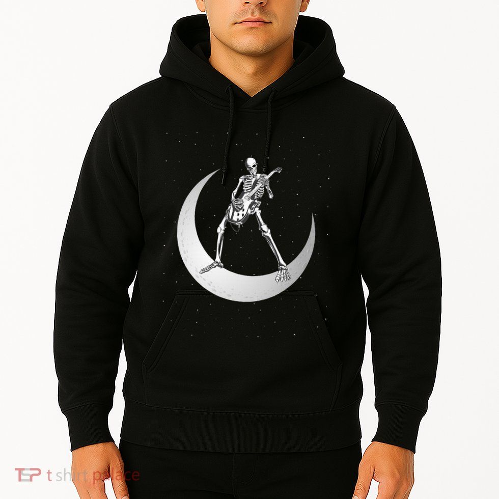 Rock And Roll Skeleton Playing Guitar Rock On Moon Halloween Hoodie