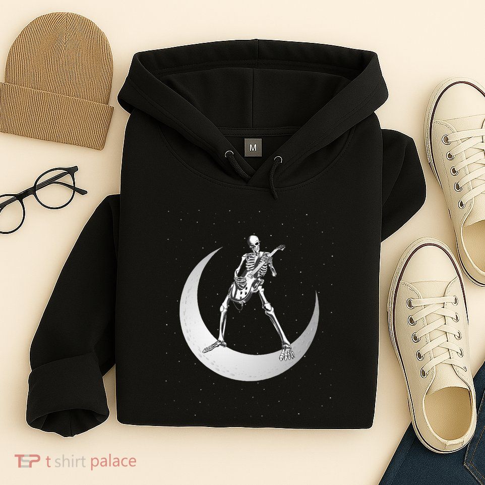 Rock And Roll Skeleton Playing Guitar Rock On Moon Halloween Hoodie