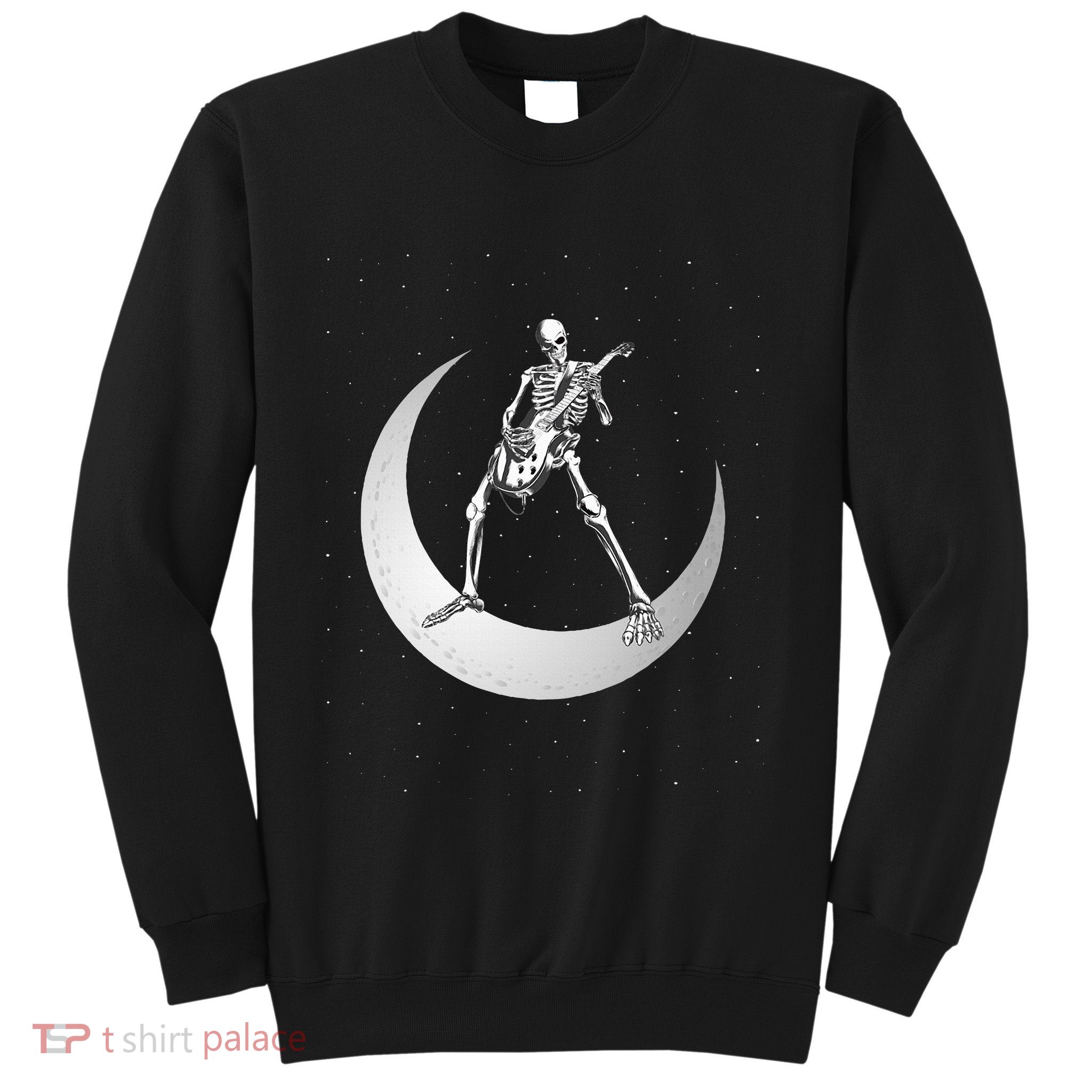 Rock And Roll Skeleton Playing Guitar Rock On Moon Halloween Sweatshirt