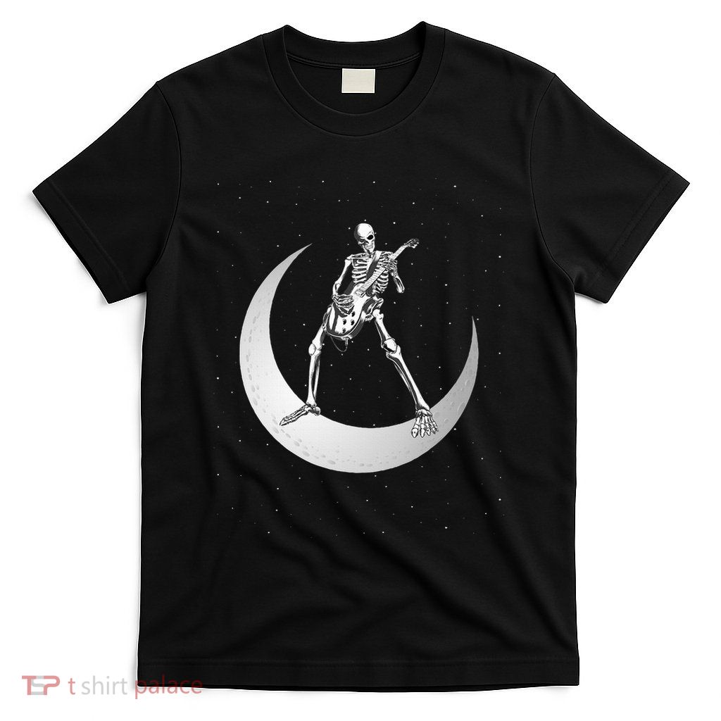 Rock And Roll Skeleton Playing Guitar Rock On Moon Halloween T-Shirt