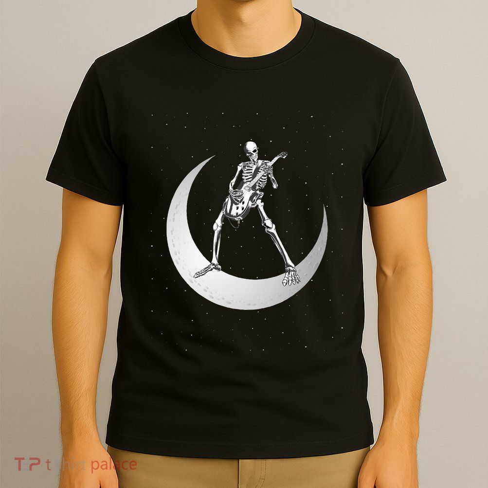 Rock And Roll Skeleton Playing Guitar Rock On Moon Halloween T-Shirt