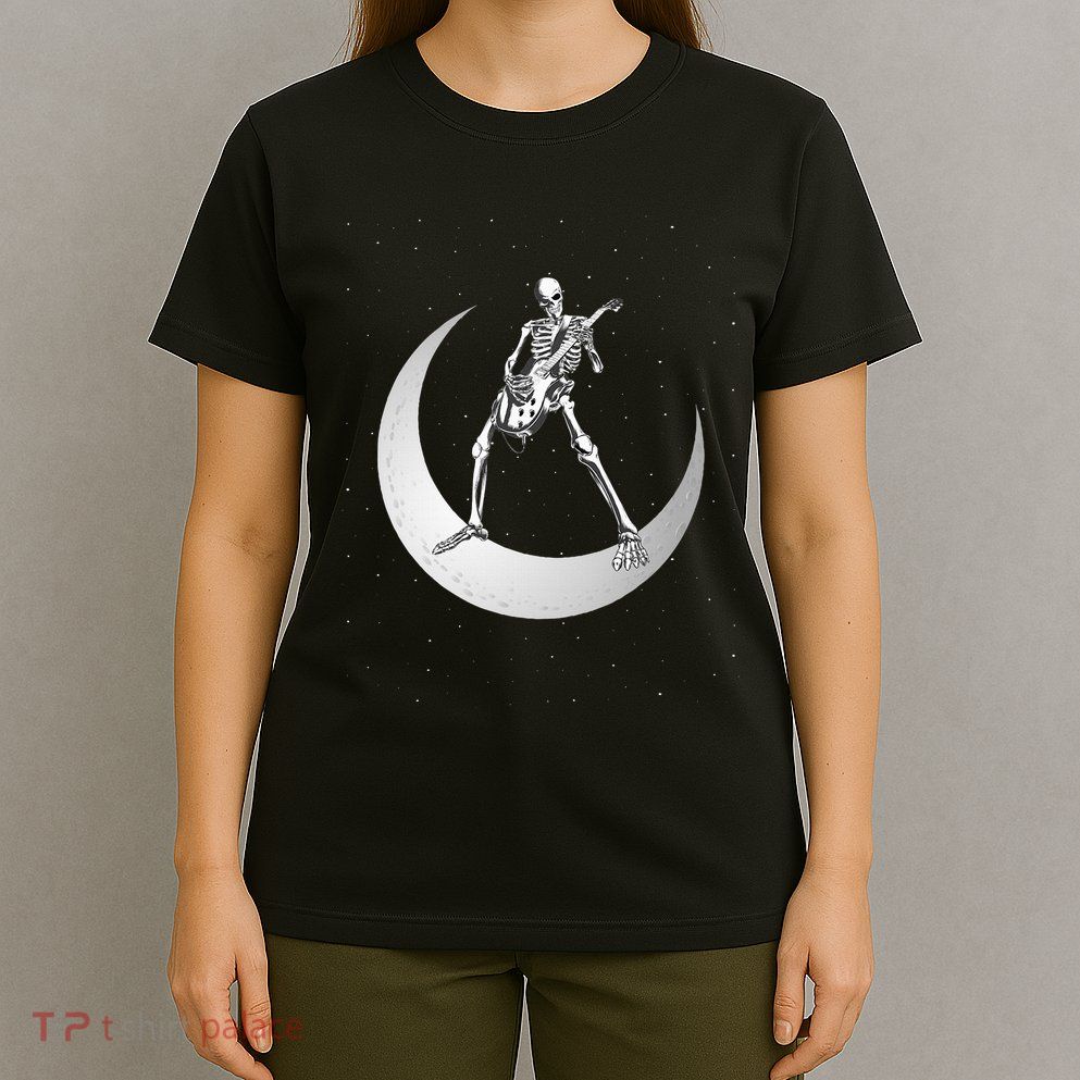 Rock And Roll Skeleton Playing Guitar Rock On Moon Halloween T-Shirt