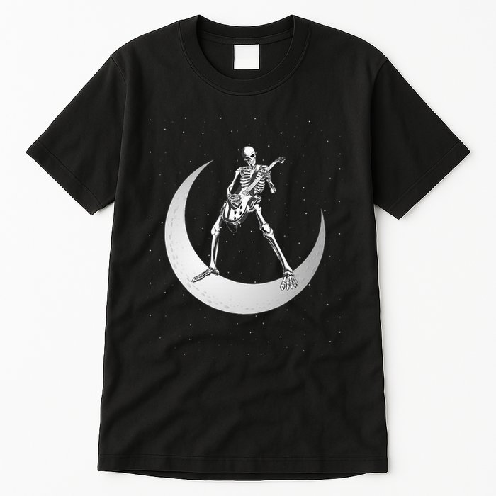 Rock And Roll Skeleton Playing Guitar Rock On Moon Halloween Tall T-Shirt