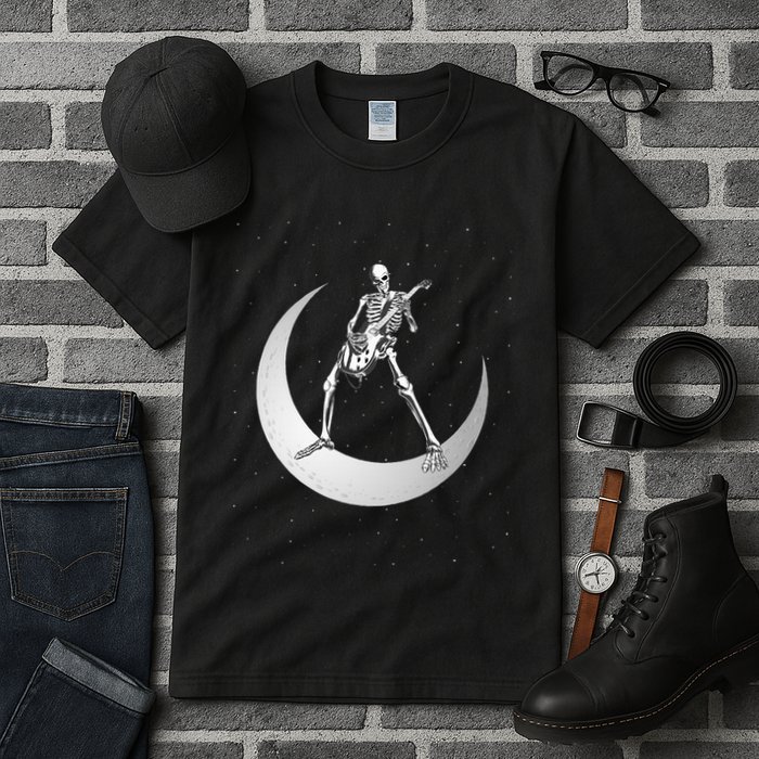 Rock And Roll Skeleton Playing Guitar Rock On Moon Halloween Tall T-Shirt