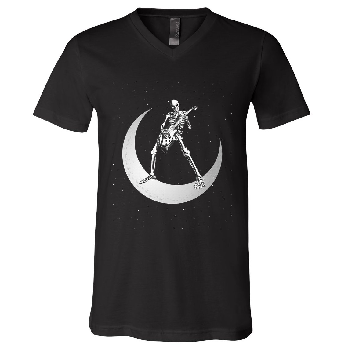 Rock And Roll Skeleton Playing Guitar Rock On Moon Halloween V-Neck T-Shirt