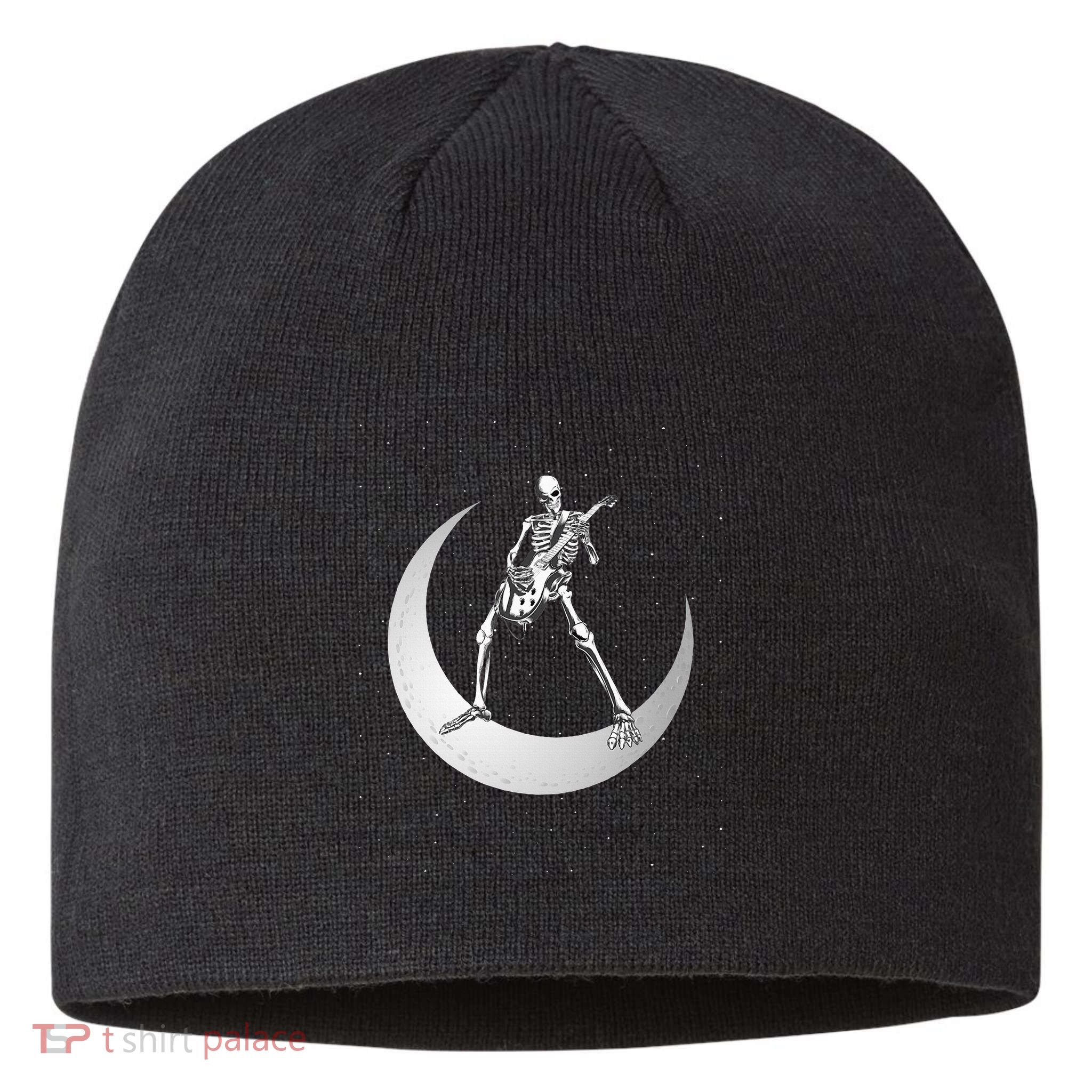 Rock And Roll Skeleton Playing Guitar Rock On Moon Halloween Sustainable Beanie