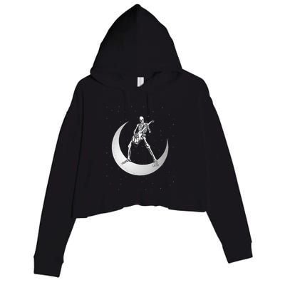 Rock And Roll Skeleton Playing Guitar Rock On Moon Halloween Crop Fleece Hoodie