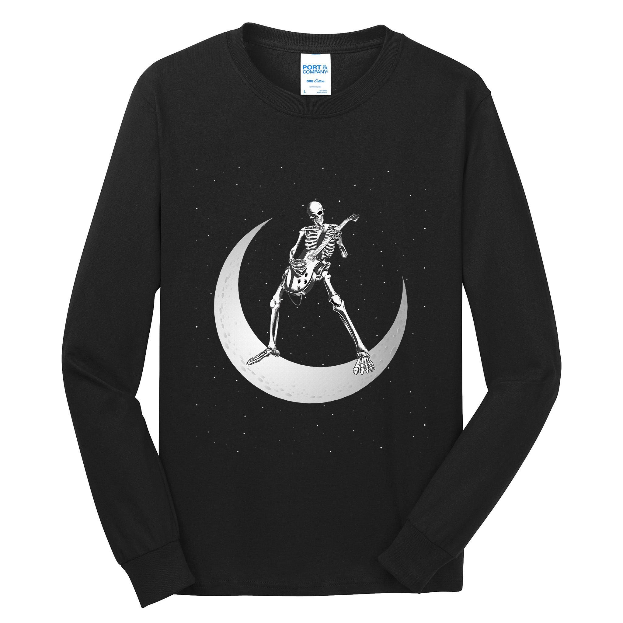 Rock And Roll Skeleton Playing Guitar Rock On Moon Halloween Tall Long Sleeve T-Shirt