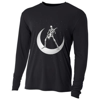 Rock And Roll Skeleton Playing Guitar Rock On Moon Halloween Cooling Performance Long Sleeve Crew